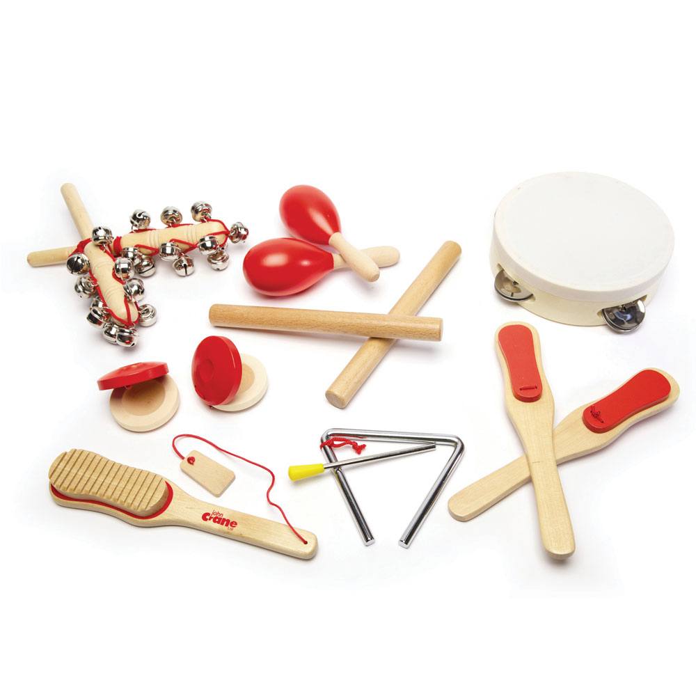 Musical Instruments Set, The Musical Instruments Set is the perfect introduction to the world of music for budding little musicians. With a variety of instruments to explore, kids can bang, jingle, jangle, and rattle away to their heart's content.This 14-piece set includes a tambourine, castanets, maracas, paddles, rhythm sticks, a scrape, bells, and a triangle, providing all the elements needed to create a whole musical band right at home. It's a guaranteed way to get the music flowing during playtime!Not 