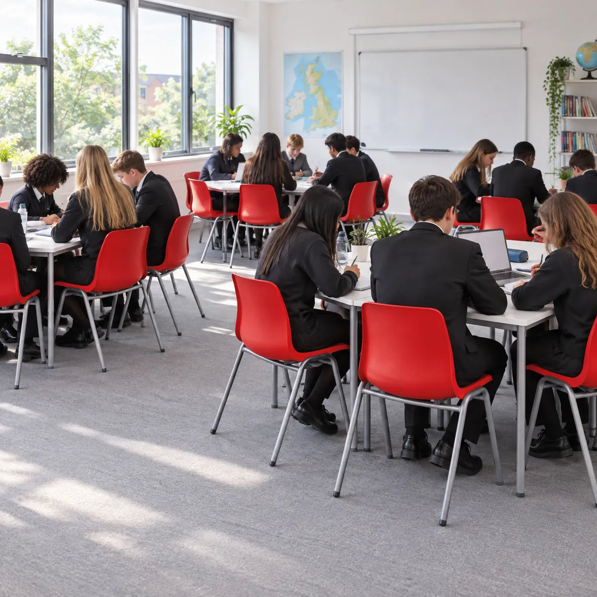 MX70 Stacking Chair Set of 20 in a bright UK classroom – lifestyle image 4