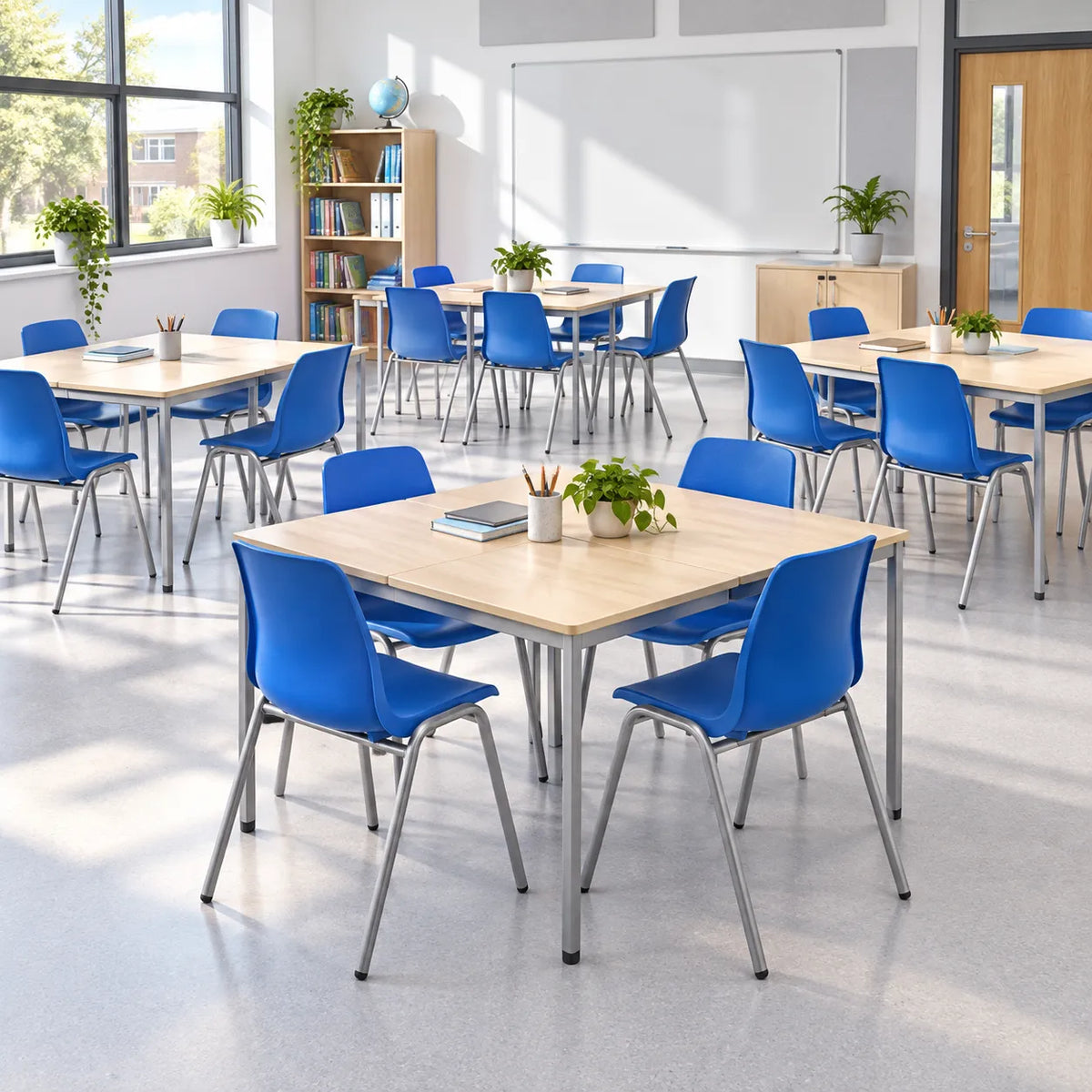 MX70 Stacking Chair Set of 20 in a bright UK classroom – lifestyle image 1