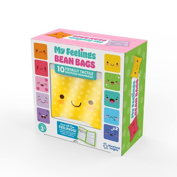 My Feelings Bean Bags, Help young children identify and express their feelings and emotions with this set of 10 tactile bean bags. Each My Feelings Bean Bag features a printed emotion image, including happy, sad, angry, surprised, loved, scared, peaceful, excited, sleepy, and disappointed, in a colour and texture that corresponds uniquely to that emotion. The My Feelings Bean Bags store in the included drawstring carry bag, and the set comes with a parent/teacher activity guide. Help young children express 