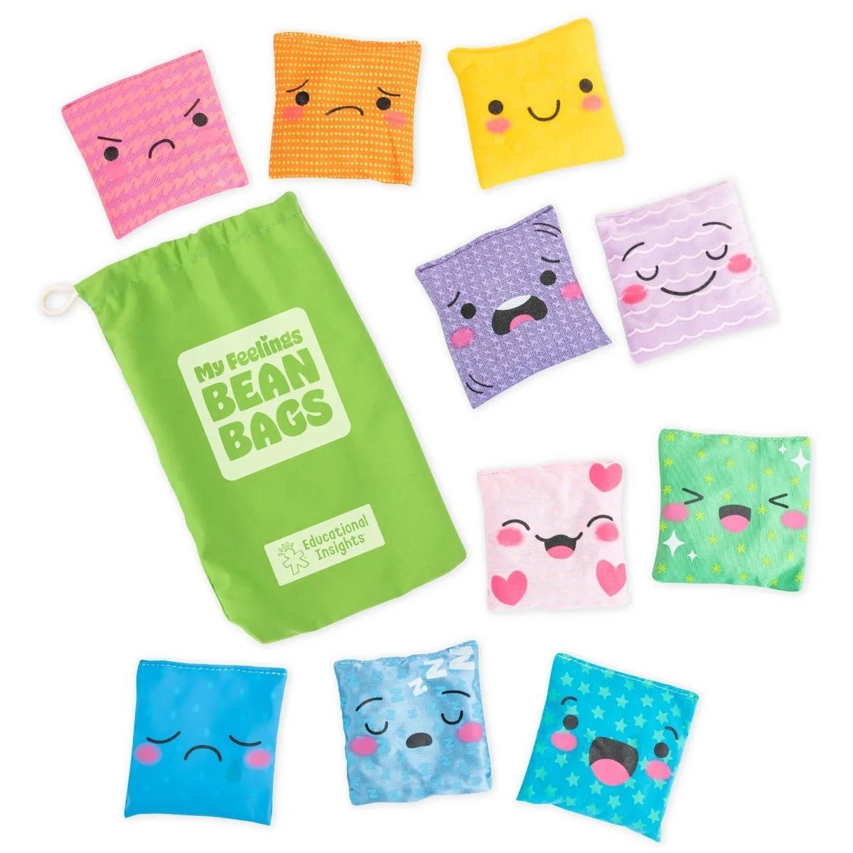My Feelings Bean Bags, Help young children identify and express their feelings and emotions with this set of 10 tactile bean bags. Each My Feelings Bean Bag features a printed emotion image, including happy, sad, angry, surprised, loved, scared, peaceful, excited, sleepy, and disappointed, in a colour and texture that corresponds uniquely to that emotion. The My Feelings Bean Bags store in the included drawstring carry bag, and the set comes with a parent/teacher activity guide. Help young children express 