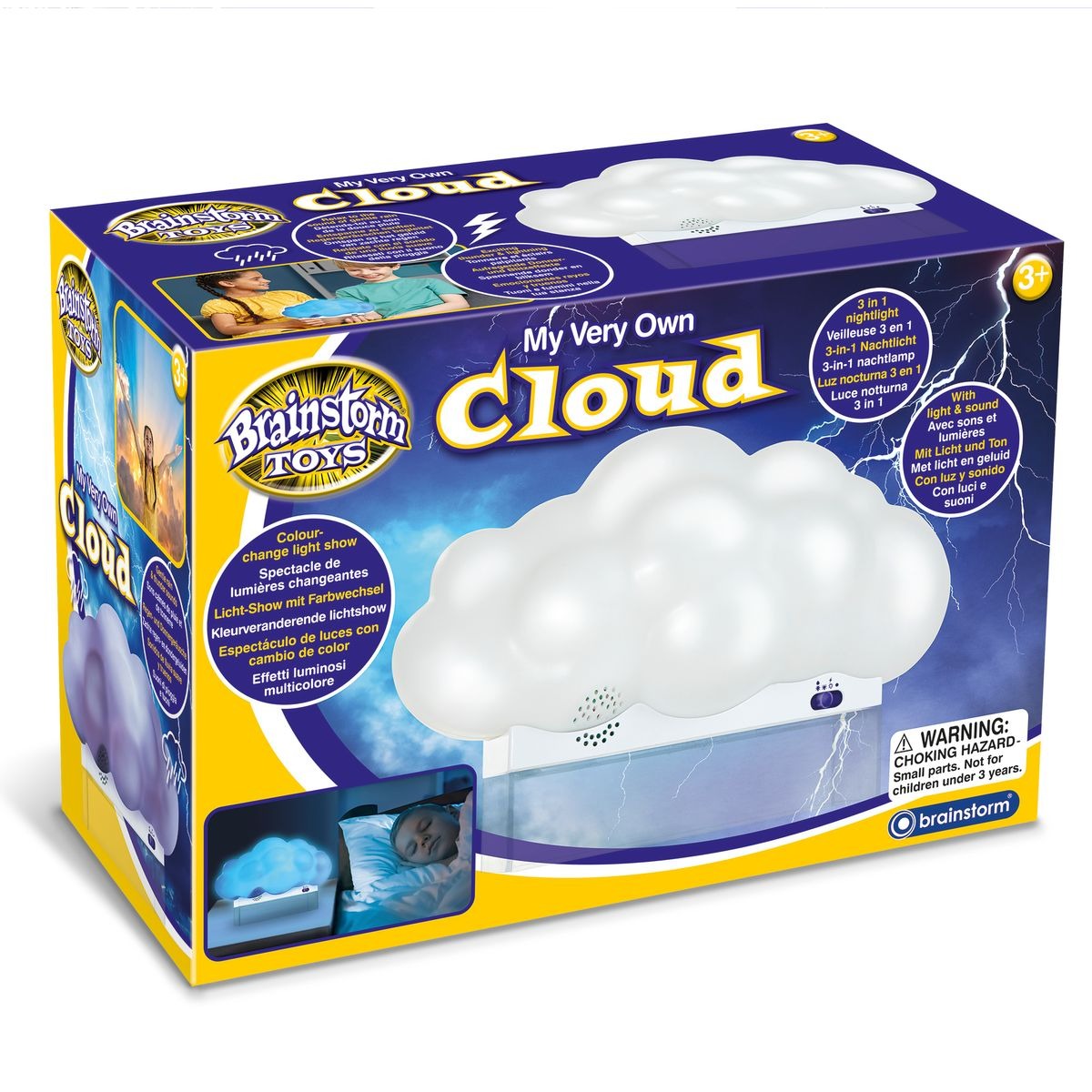 My Very Own Cloud, Experience this beautiful cloud in your own room, in the dark the cloud appears to float as it is set on a clear stand. The first mode allows you to relax to the sound of gentle rain with a calming colour changing LED light, the second mode is the colour change only, with no sound, and the third mode brings the force of nature into your room with thrilling thunder sounds and lightning effects. Suitable for kids from 3+ years, it makes the perfect bedtime lamp as each mode switches off aut