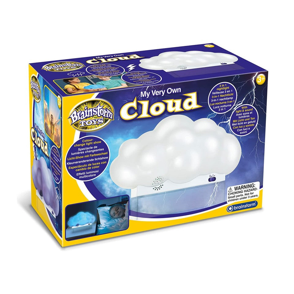 My Very Own Cloud, Experience this beautiful cloud in your own room, in the dark the cloud appears to float as it is set on a clear stand. The first mode allows you to relax to the sound of gentle rain with a calming colour changing LED light, the second mode is the colour change only, with no sound, and the third mode brings the force of nature into your room with thrilling thunder sounds and lightning effects. Suitable for kids from 3+ years, it makes the perfect bedtime lamp as each mode switches off aut