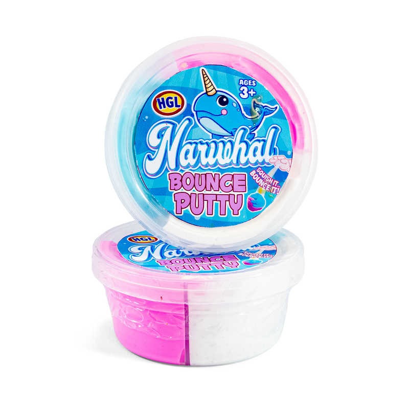 Narwhal Bounce Putty, Narwhal themed tub of mixed putty colours including blue, pink and white. Take a lump of this putty and roll it into a ball, then throw or drop it on a hard surface and watch it bounce. It behaves like a typical bouncy ball, only you can mould it's shape. Choose to merge the putty colours together or keep them separate. Narwhal themed bouncing putty Putty bounces off hard surfaces Mixed blue, pink and white colours Storage tub Tub approx. 9cm, Narwhal Bounce Putty,Narwhal Bounce Putty 
