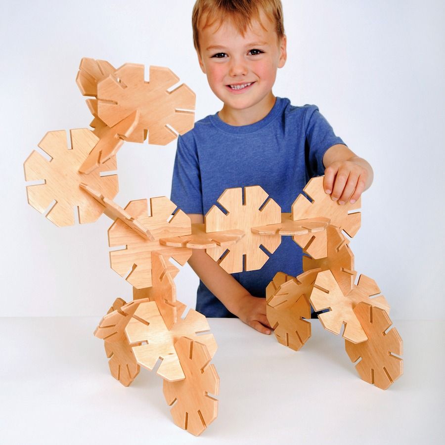 Natural Wooden Octoplay, Following the provided guide, children can create animals and patterns with these natural wood octagonal pieces. They're perfect for small hands, with an easy slot together feature. Unique octagonal wooden shapes which interlock to encourage creative construction play. This Natural Wooden Octoplay set of 20 unique wooden construction shapes can be used to create various models such as a person, a dog or a tower. Made from high quality plywood in a beautiful natural finish, the piece