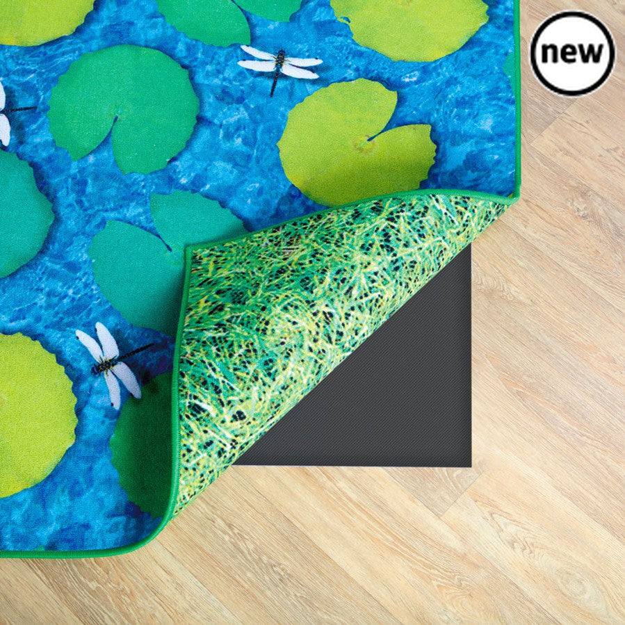 Natural World Grass and Lily Pads Carpet, High quality digitally printed double-sided classroom carpet. This large carpet can be used to quickly change the look of your classroom, with imaginative images on both sides. Supplied with easy to remove non slip backing. Double sided carpet offering versatility and great value for money Side 1 features lily pad placements which can also be used as stepping stones Side 2 you can bring the outside in with this realistic grass scene Size W x D2000 x 2000mm, Natural 