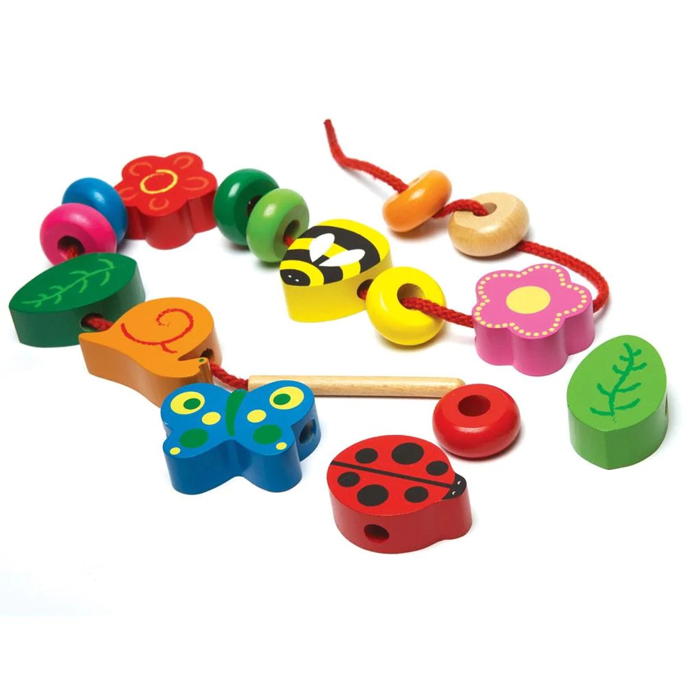 Nature Lacing Beads, These delightful wooden Nature Lacing Beads, in multiple shapes and colours, are a bold way to learn and practise lacing, counting, sorting and shape and colour recognition. The 16 beads include a variety of nature-inspired shapes including flowers, insects and leaves. The Nature Lacing Beads is a great first beading set, the beads are chunky and easy for little hands to grasp, hold, arrange, rearrange, stack and knock down. The Nature Lacing Beads set comes complete with one thick, lon