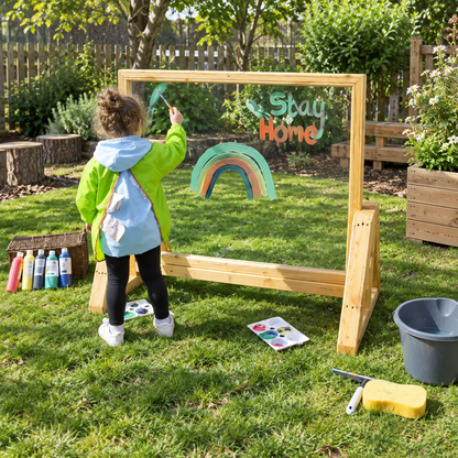 Nature Outdoor Acrylic Painting Window in Wooden Frame in a bright nursery garden