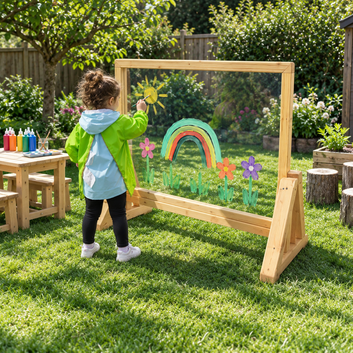 Nature Outdoor Acrylic Painting Window in Wooden Frame in a bright nursery garden
