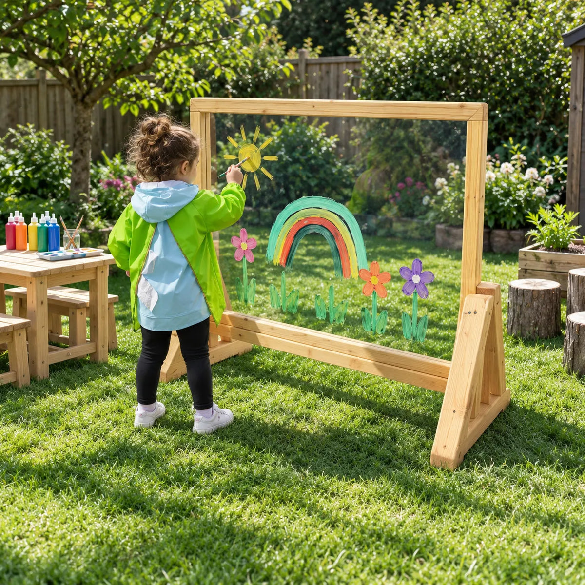 Nature Outdoor Acrylic Painting Window in Wooden Frame in a bright nursery garden