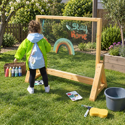 Nature Outdoor Acrylic Painting Window in Wooden Frame in a bright nursery garden