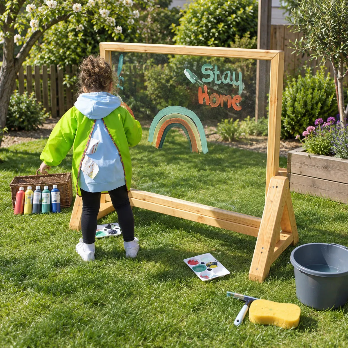 Nature Outdoor Acrylic Painting Window in Wooden Frame in a bright nursery garden