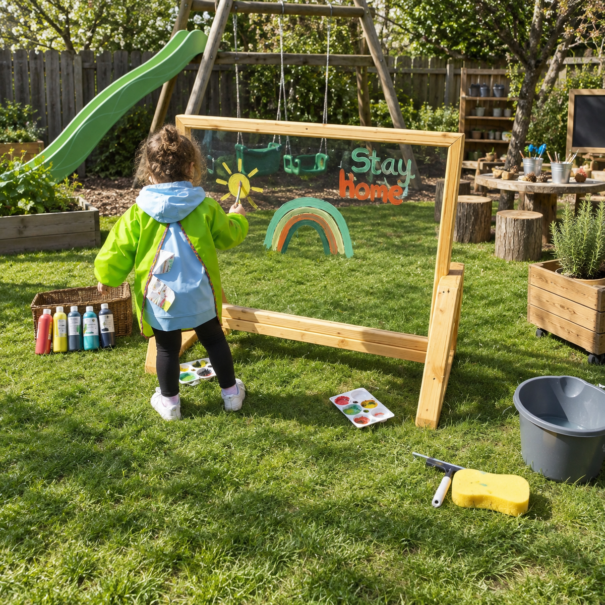 Nature Outdoor Acrylic Painting Window in Wooden Frame in a bright nursery garden