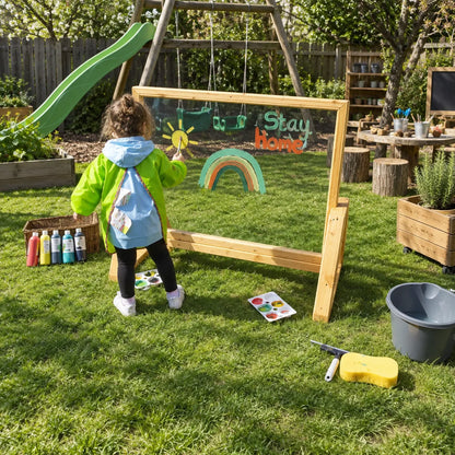 Nature Outdoor Acrylic Painting Window in Wooden Frame in a bright nursery garden