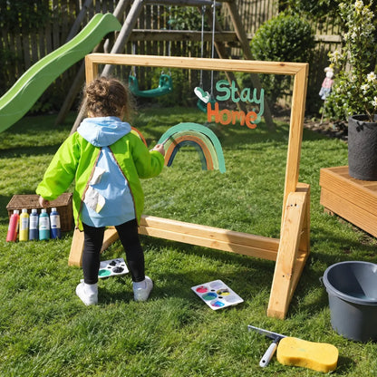 Nature Outdoor Acrylic Painting Window in Wooden Frame in a bright nursery garden