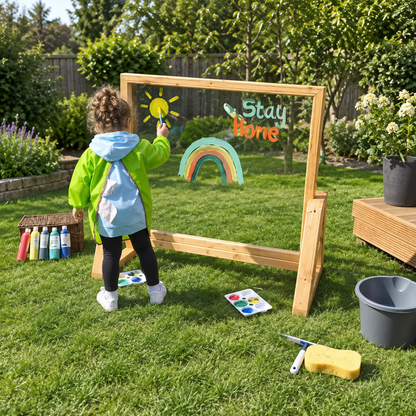 Nature Outdoor Acrylic Painting Window in Wooden Frame in a bright nursery garden