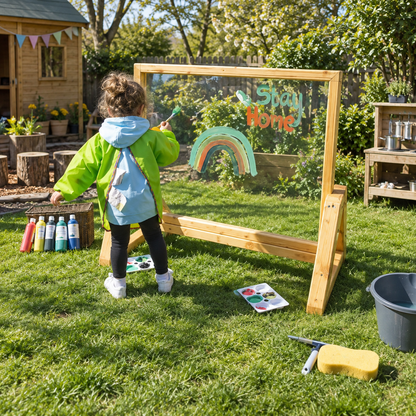Nature Outdoor Acrylic Painting Window in Wooden Frame in a bright nursery garden