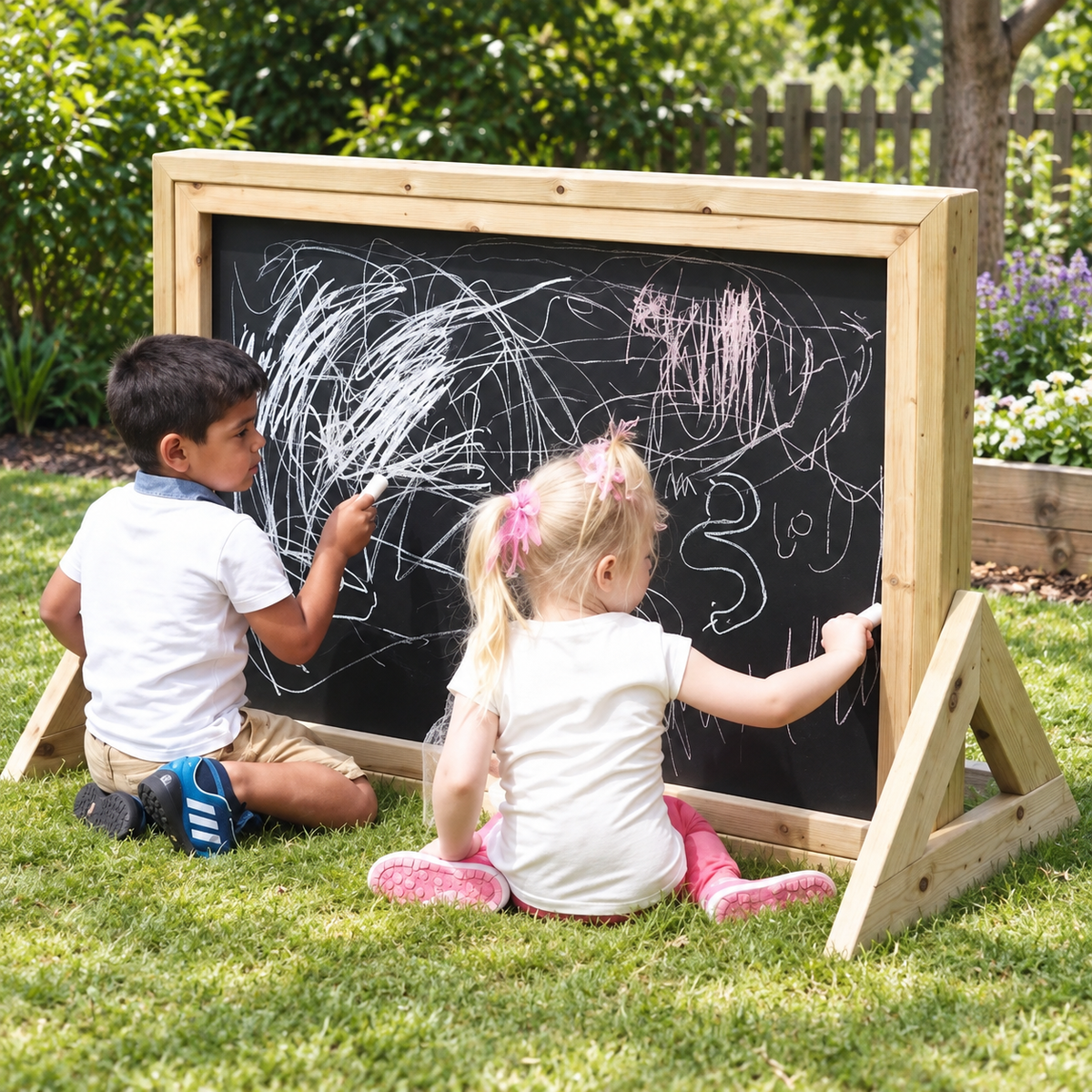 Nature Outdoor Freestanding Chalkboard in a bright nursery garden