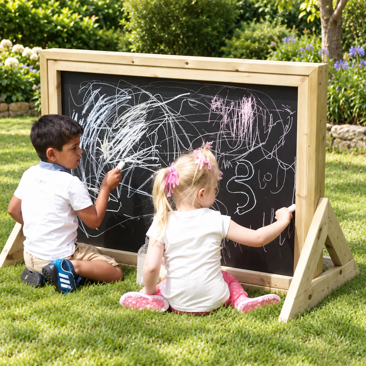 Nature Outdoor Freestanding Chalkboard in a bright nursery garden