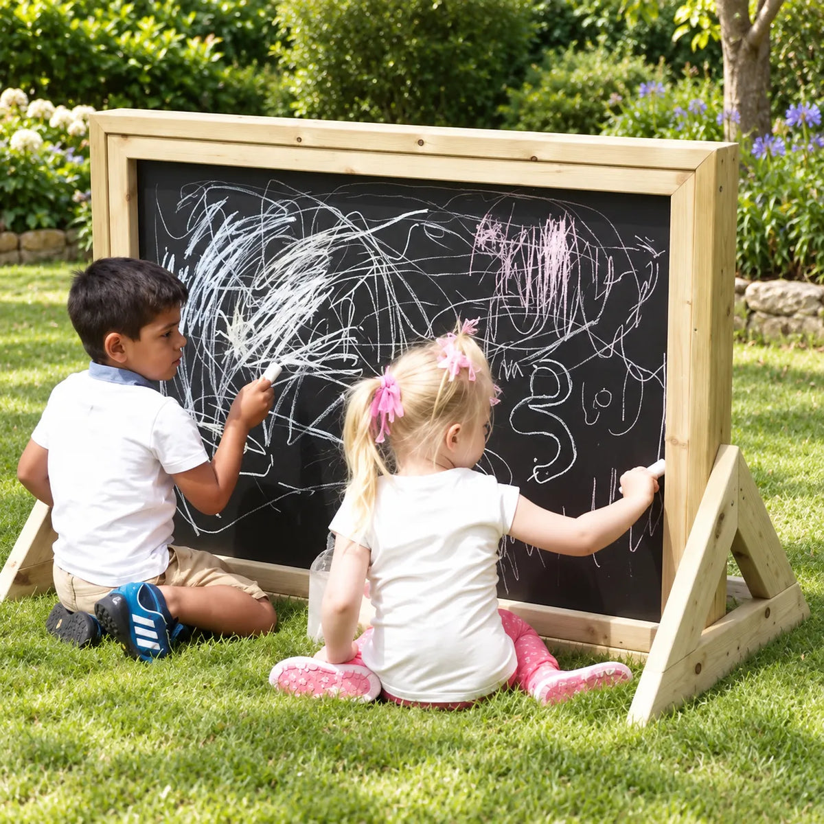 Nature Outdoor Freestanding Chalkboard in a bright nursery garden