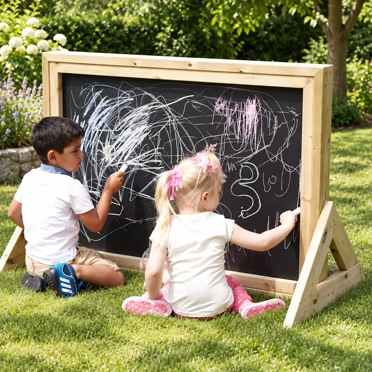 Nature Outdoor Freestanding Chalkboard in a bright nursery garden