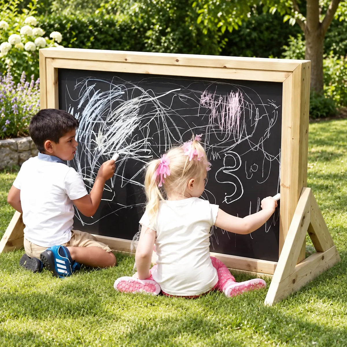 Nature Outdoor Freestanding Chalkboard in a bright nursery garden