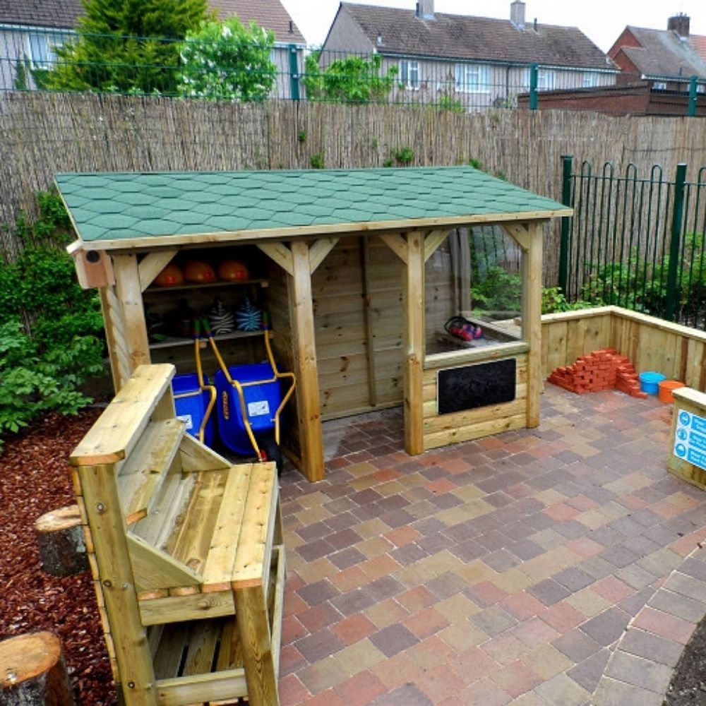 Nature Outdoors Potting Shed, This outdoor learning shed is a young gardeners dream. The Nature Outdoors Potting Shed comes complete with shelving for plants and room for storage of gardening, construction or general play items, this shed is ideal for budding young gardeners. The shingle roof will help to keep all stored items dry, whilst the large storage compartment is ideal for storing wheelbarrows. Made from FSC Pressure Treated Redwood Timber. Delivery 3-4 weeks 10-year guarantee against wood rot and i