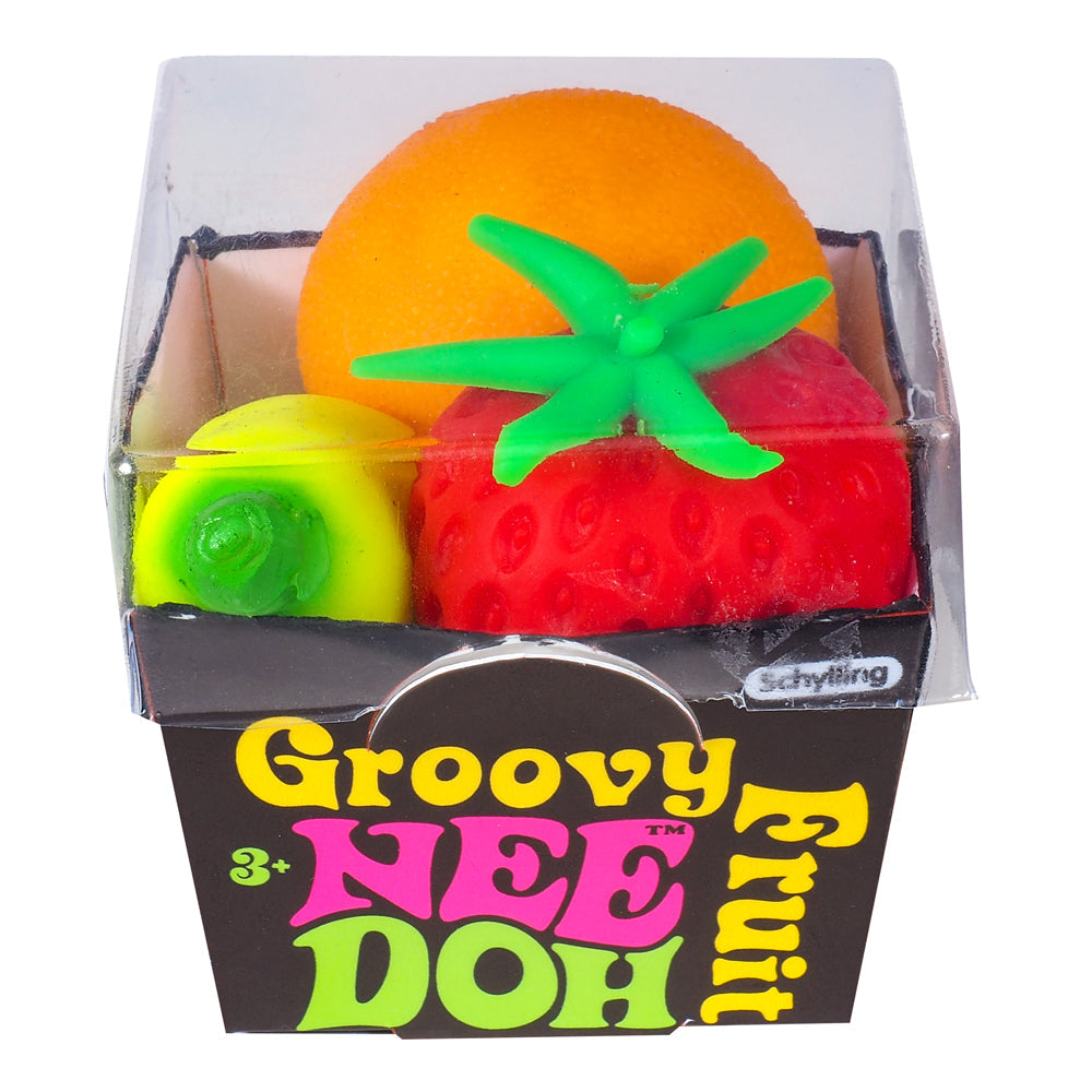 Nee Doh Groovy Fruits, Schylling’s Groovy Fruit Nee Doh is packed with fruity fun. This unique Nee Doh Groovy Fruits fidget toy comes with a Boss Banana, Outta Sight Strawberry, and Far Out Orange that can be squeezed, squished, pulled and popped. Nee Doh Groovy Fruits are made from a non-toxic, dough-like material that always bounces back to its original shape. It can be squished, squashed, pulled and smushed. Ideal for on the go fidget toy fun or as an anxiety reliever. Nee Doh Groovy Fruit also helps chi