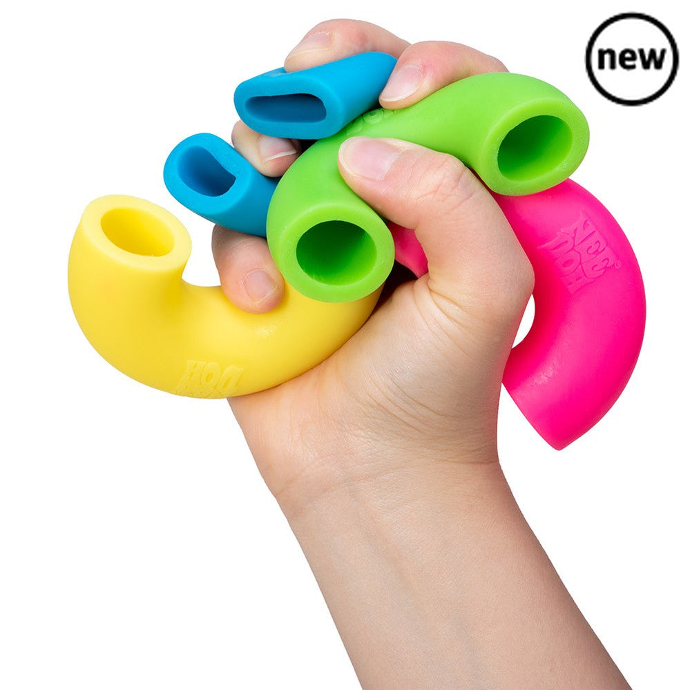 NeeDoh Mac N Squeeze, Say cheese to Mac N Squeeze! This jumbo colourful NeeDoh is inspired by macaroni noodles. It looks just like the real thing but is in fact a funky fidget toy made from a non-toxic, dough-like material. Pull them, squeeze them, smush them, or even put them on your fingers! Enjoy all the fun of playing with food but without any of the mess. Includes four neon noodles in green, pink, blue, and yellow. Keep them safely stored in the included noodle cup (which has a handy pop-on lid). Perfe