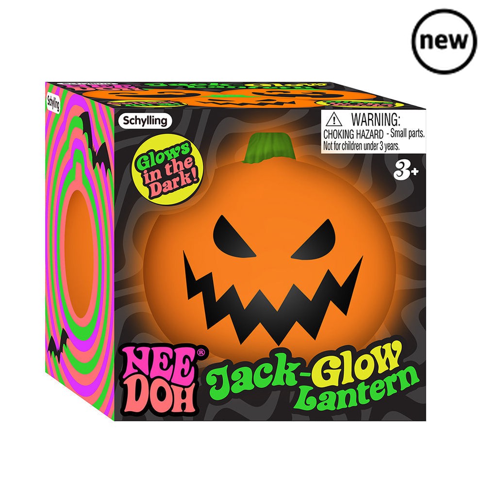 Needohween Jack Glow Lantern Needoh, Give your kiddos pumpkin to talk about this Halloween! NeeDoh Jack Glow Lantern is a frightfully fa-boo-lous stress toy. Turn the lights out and watch the bright orange Nee Doh ball glow in the dark! Each stress ball features one of three spooky pumpkin faces (picked at random). These Halloween stress toys are perfect for portable play and also helpful for relieving anxiety. They are made from a non-toxic, dough-like material that always bounces back to its original shap