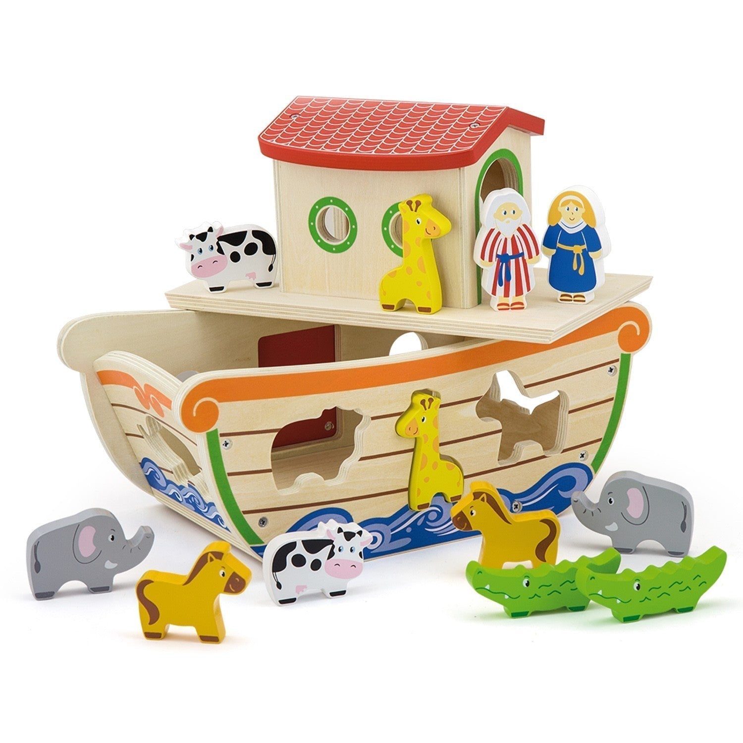 Noahs Ark Shape Sorter, Little hands will love sorting their animal friends with this Noah's Ark Shape Sorter.This durable wooden Noah's Ark Shape Sorter is the perfect companion for little explorers.It includes a chunky wooden Ark, as well as colourful characters to sort into the boat.Little ones will enjoy fitting the animals through the windows, cut-out slots or up the detachable walkway ladder.For even more fun, your little ones can try to pair up the matching animals before hopping on the Ark.This colo