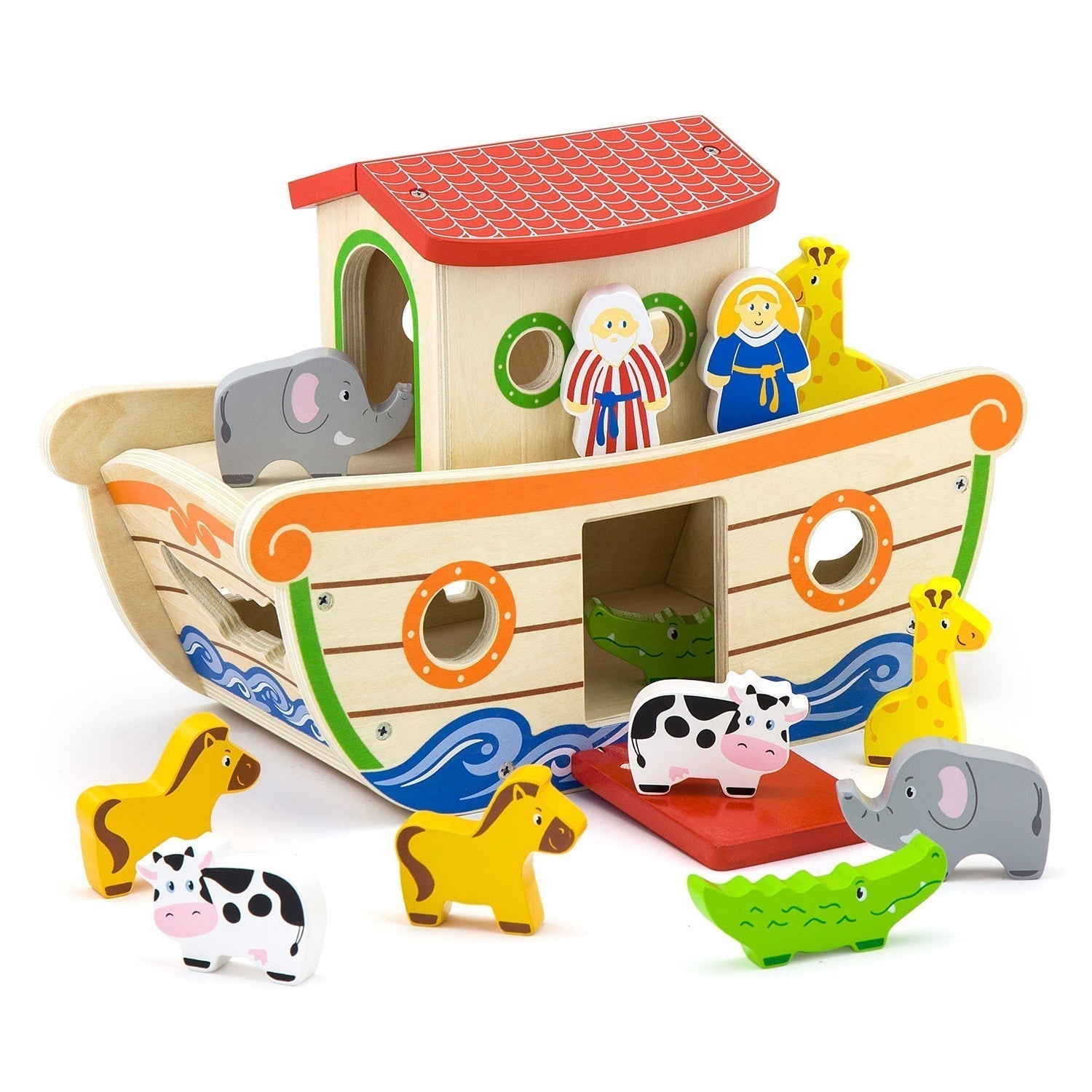 Noahs Ark Shape Sorter, Little hands will love sorting their animal friends with this Noah's Ark Shape Sorter.This durable wooden Noah's Ark Shape Sorter is the perfect companion for little explorers.It includes a chunky wooden Ark, as well as colourful characters to sort into the boat.Little ones will enjoy fitting the animals through the windows, cut-out slots or up the detachable walkway ladder.For even more fun, your little ones can try to pair up the matching animals before hopping on the Ark.This colo