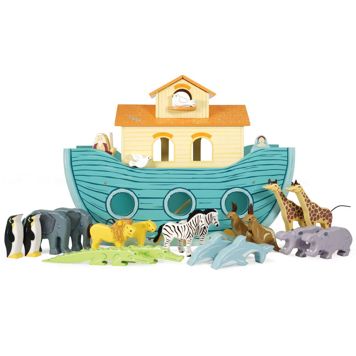 Noah's Great Ark, Noah's Great Ark is the perfect toy to engage young minds and foster imaginative play. This sustainable wooden toy is not only a beautiful addition to any playroom, but it also holds educational value.The Noah's Great Ark set includes a big, beautifully painted wooden ark that serves as the centerpiece of the playtime adventures. The ark features a sliding panel in the hull, allowing children to simulate the boarding and disembarking of the animals. The hinged front hatch further enhances 