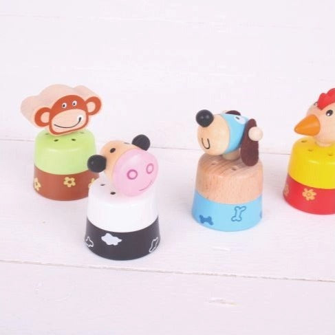 Noisy Wooden Animals, Introducing our Noisy Wooden Animals - the perfect addition to any child's toy collection! These delightful wooden farm animals are not your ordinary playmates. They are interactive and designed to make delightful noises when their noses are pressed.With a simple push on their backs, an internal sound box activates and plays the appropriate animal noise. Watch as your little ones' faces light up with joy when they hear the realistic bleating of sheep, the familiar mooing of cows, or th