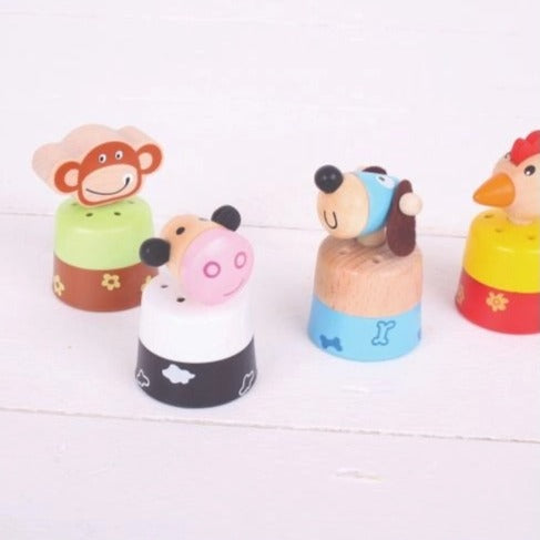 Noisy Wooden Animals, Introducing our Noisy Wooden Animals - the perfect addition to any child's toy collection! These delightful wooden farm animals are not your ordinary playmates. They are interactive and designed to make delightful noises when their noses are pressed.With a simple push on their backs, an internal sound box activates and plays the appropriate animal noise. Watch as your little ones' faces light up with joy when they hear the realistic bleating of sheep, the familiar mooing of cows, or th