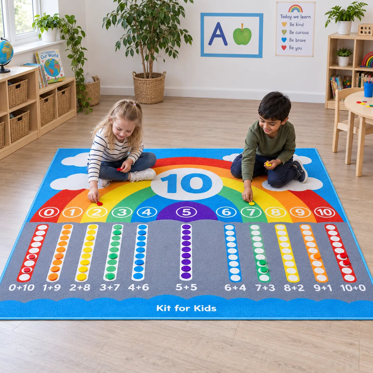 Children using counters with Number Bonds Carpet