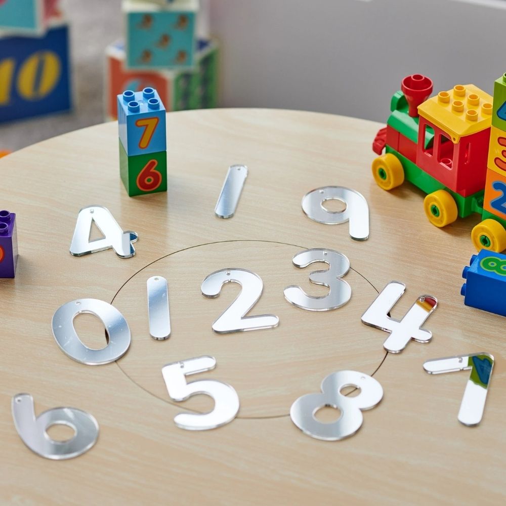 Number Mirror set Pack of 14, The TickIT Mirror Numbers are a superb and affordable laser cut highly reflective set of numbered Mirrors. Not only are the TickIT Mirror Numbers an aesthetic addition to everyday classroom resources, they provide a multiple of uses including manipulative for children to feel, experience, play with and trace around. Their tactile and reflective properties capture your child's attention, encouraging them to trace the shape of the numbers with their finger on the smooth surface. 