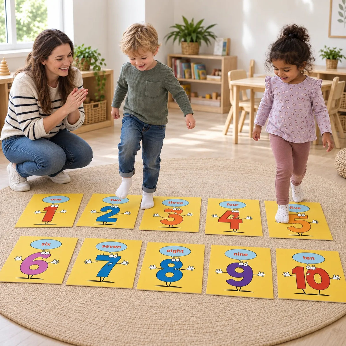 Educator and children using Number Placement Mats