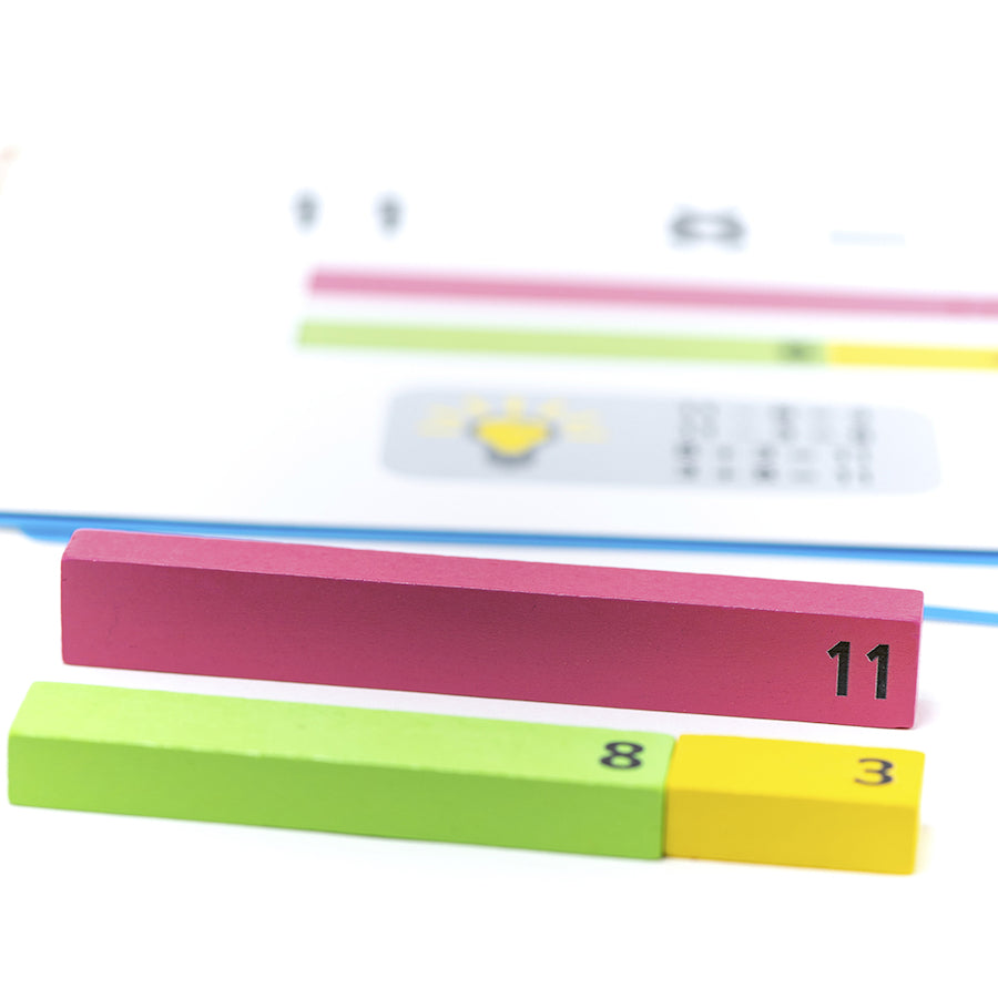 Number Rods with Work Cards, A beautifully crafted set of wooden number rods and work cards, ideal for 1:1 and so much more! 40 comprehensive workcards included (for addition, subtraction, multiplication and division). Each rod is colour coded to represent a number. Use in measuring exercises, developing depth in number relations and bonds, as well creating a grasp with number sentences and operations. Each rod measures between 1cm and 12cm long. This super set contains 156 rods numbered 1-12 made from FSC®