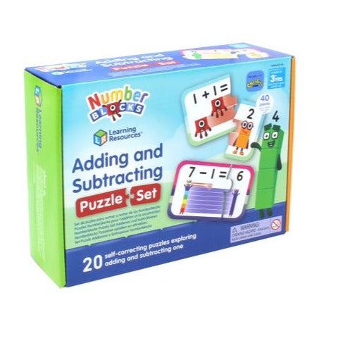 Numberblocks Adding and Subtracting Puzzle Set, This first Numberblocks puzzle helps little ones learn basic addition and subtraction skills with their friends the Numberblocks. There are 10 addition and 10 subtraction puzzles featuring Zero to Ten. Each Numberblocks addition puzzle and Numberblocks subtraction puzzle has 2 pieces. Match the simple maths question to the correct answer piece to complete the puzzle. Each clever puzzle fits together in a unique way so there’s only one right answer. This gives 
