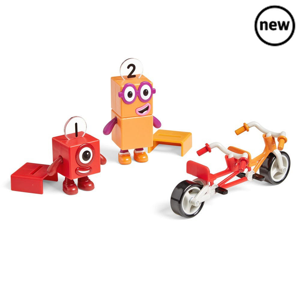 Numberblocks One and Two Bike Adventure, Children will love playing with the adorable Numberblocks One and Two collectible figures as they pop on their helmets and place them on the Numberblocks tandem bike to ride off on a Numberblocks bike adventure. Numberblocks One and Two have true-to-character features children know and love from the CBeebies TV series. See these fun-loving characters come to life in your child’s hands and imagination. Imagine all the fun places Numberblocks One and Numberblocks Two c