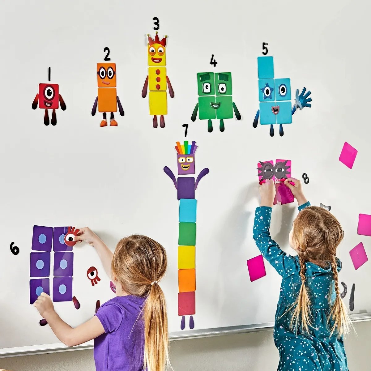 Numberblocks Reusable Clings, Recreate the Numberblocks One to Ten on smooth surfaces such as windows and whiteboards and bring the number magic from the award-winning Numberblocks TV series to life in news ways for young children. Made from an innovative, durable material, Numberblocks Reusable Clings are easy to DIY, and can be repositioned over and over again. This Numberblocks Reusable Clings set has all the pieces needed to recreate Numberblocks One to Ten with extra poses for Four, Five, Eight, Nine a