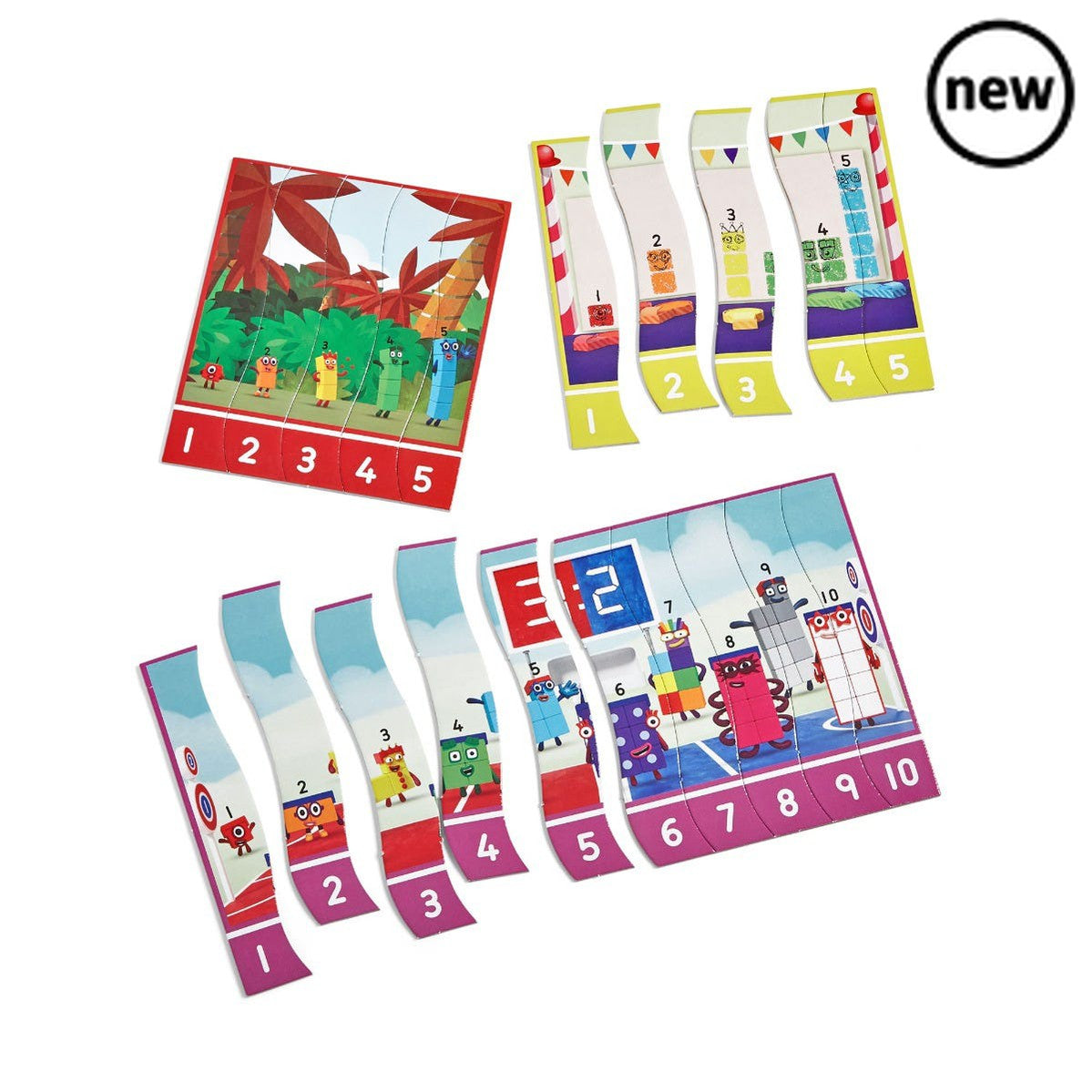 Numberblocks Sequencing Puzzle Set, Count on the Numberblocks One to Twenty to help little ones learn how to sequence numbers in the right order. There are 10 double-sided Numberblocks jigsaw puzzles featuring the friendly Numberblocks One to Twenty. There are 4 each for 1–5 and 1–10, and 2 for numbers 1–20. Each Numberblocks puzzle is colour-coded, and features a number line, which helps children compare numbers as they order them in the correct sequence. Perfect for learning through puzzle play at home or