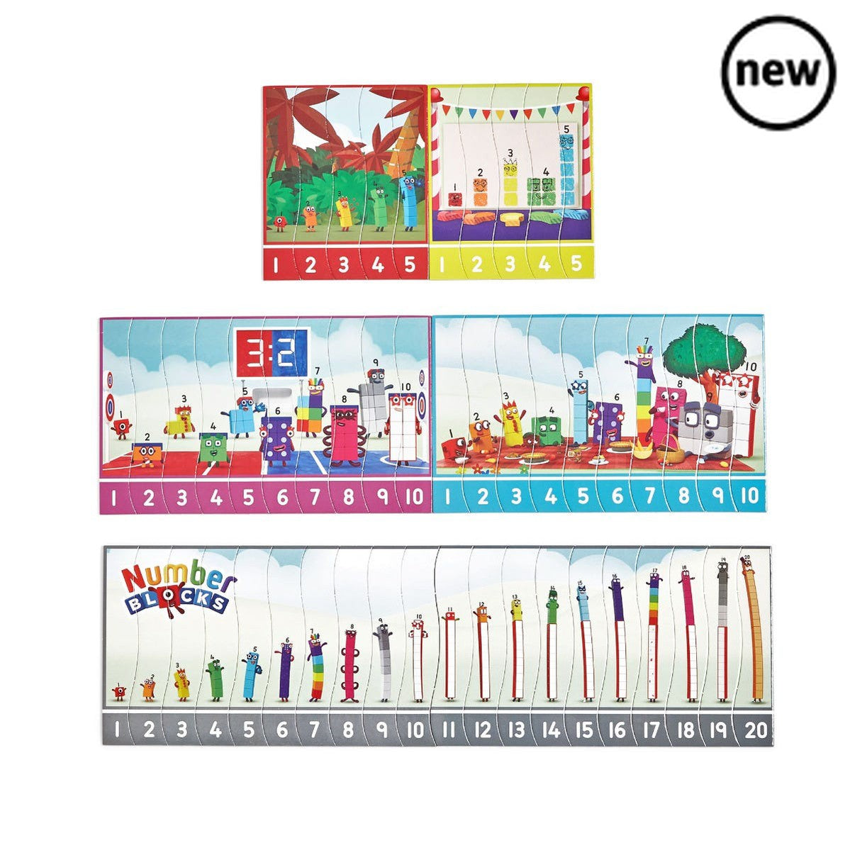 Numberblocks Sequencing Puzzle Set, Count on the Numberblocks One to Twenty to help little ones learn how to sequence numbers in the right order. There are 10 double-sided Numberblocks jigsaw puzzles featuring the friendly Numberblocks One to Twenty. There are 4 each for 1–5 and 1–10, and 2 for numbers 1–20. Each Numberblocks puzzle is colour-coded, and features a number line, which helps children compare numbers as they order them in the correct sequence. Perfect for learning through puzzle play at home or