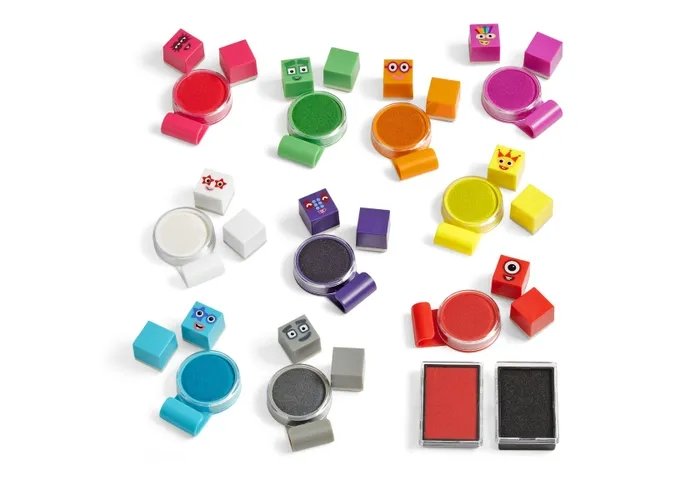 Numberblocks Stampoline Park Stamp Activity Set, With reusable stamps and washable inks in the Numberblocks unique colours, children can create their own Numberblocks adventures based on the popular Stampoline Park episode. This 32-piece Numberblocks craft kit includes 20 stamps to create the Numberblocks One to Ten, and 12 ink pads with washable inks. It’s ideal for Numberblocks-inspired creative activities in the classroom or at home. These are the CBeebies Numberblocks toys that allow children to express
