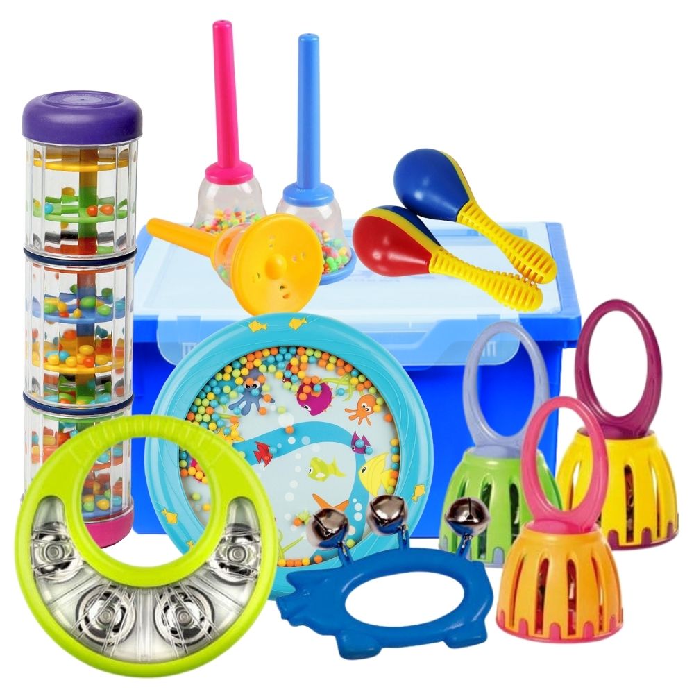 Nursery Percussion Starter Kit, This colourful Nursery Percussion Starter Kit pack of musical instruments and sound makers is specially selected for younger children and is ideal for baby music classes and EYFS settings.The Nursery Percussion Starter Kit provides a wonderful entry into the world of sound,Children will love the Nursery Percussion Starter Kit. The Nursery Percussion Starter Kit contains 12 musical instruments packed in a storage tray with a lid. Contents of the Nursery Percussion Starter Kit 