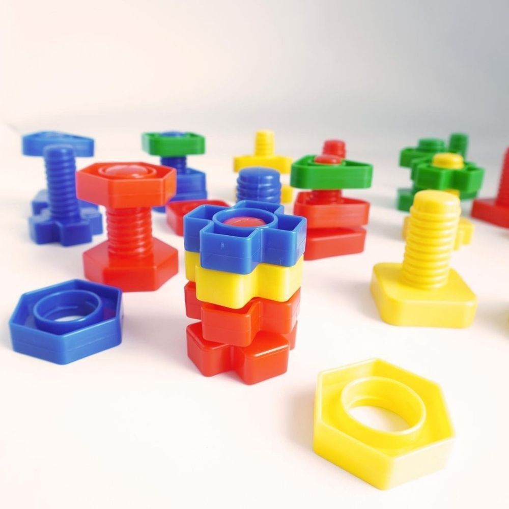 Nuts and Bolts Set 80 Pieces, These giant colour coded nuts and bolts are easy to hold and manipulate and they are excellent for developing hand-eye coordination and manipulation skills. The Nuts and Bolts set provides a great focus for fidgeting fingers to promote bilateral coordination, motor planning, eye-hand coordination and fine motor skills. The Nuts and Bolts Set is a great tool for sorting and counting too, different shapes will only work with their colours, so you can sort by colour and type. A pa