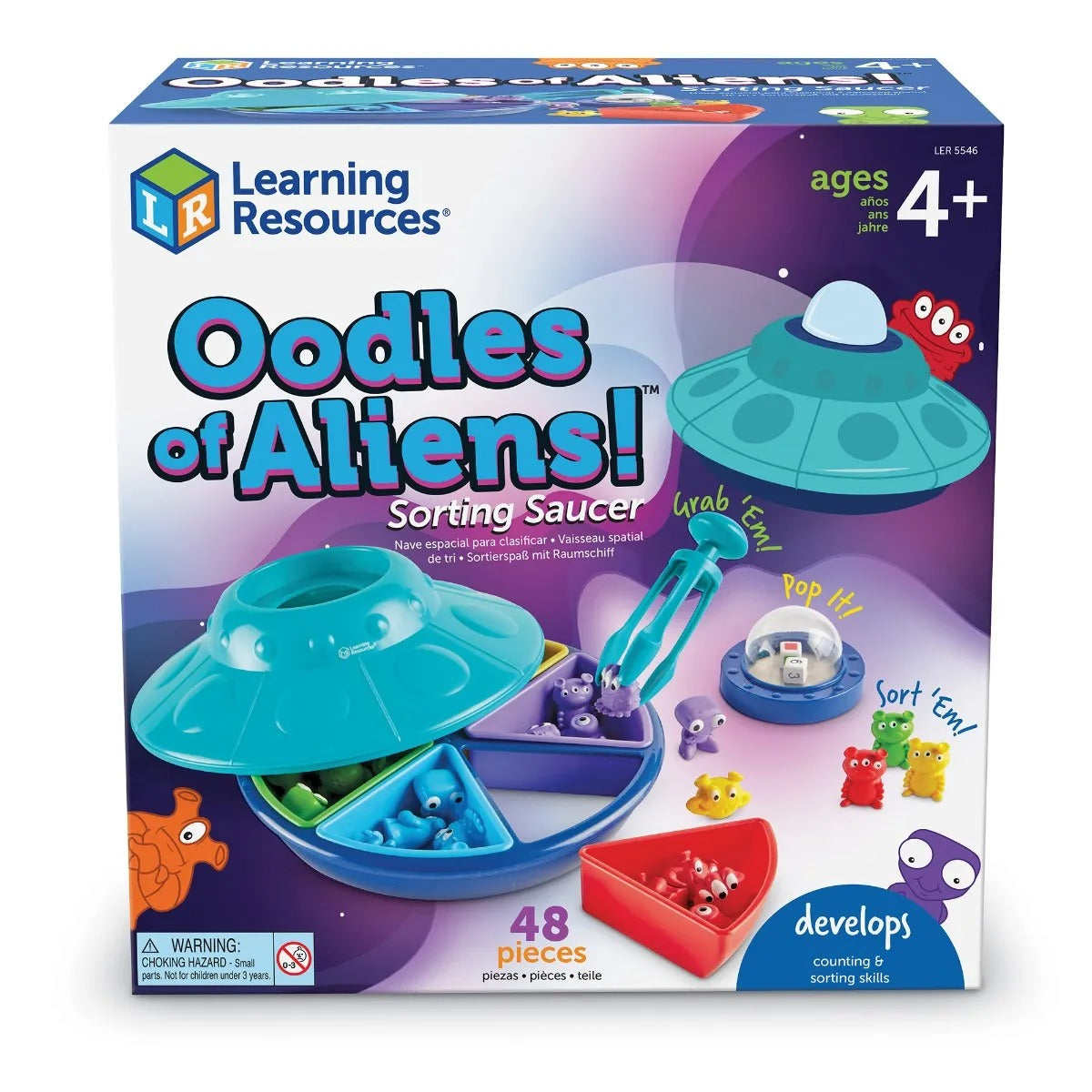 Oodles of Aliens Sorting Saucer, Add some out-of-this-world fun to grouping and sorting games, patterning activities, colour recognition, and fine motor skills activities with the Oodles of Aliens!™ Sorting Saucer game. The Oodles of Aliens Sorting Saucer is great for playing in the classroom or at home, this colourful game set includes a 2-piece spaceship with sorting trays, popper top with colour and number dice, Tri-Grip Tong, 30 colourful, squishy, alien counters, and a game board. Build sorting, groupi
