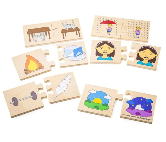 Opposites Wooden Puzzle, Can you match the correct opposites together? Our Opposites jigsaw puzzle teaches children about different everyday objects and things that are polar opposites to each other. What’s the opposite of sad? What’s the opposite of cold? This educational Opposites puzzle is a fun way to develop kids’ vocabulary as they match the opposites together and learn about the differences. The smooth chunky jigsaw pieces are perfectly sized for little hands to grasp, place and examine. The Opposite