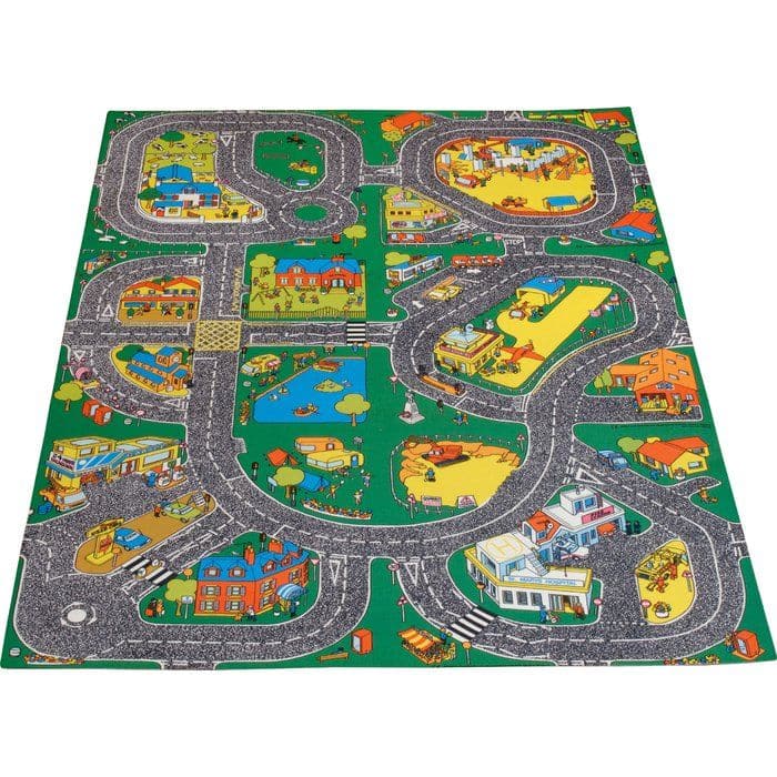 Original Roadway Playmat, Featuring a farm, construction site, town center, airport, garage and rescue center. An ideal base for the young motorist. The children’s play mat design incorporates various town buildings and areas, including a school, industrial area, airport, church, service station and more. These scenes are connected by roadways and crossed with zebra crossings. The whole roadway design is great for children to play on with toy vehicles and figures, letting children play alone using their ima